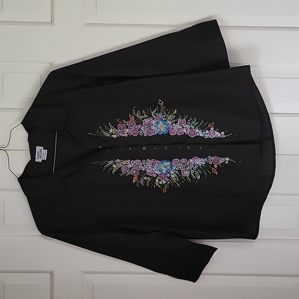 Isaac's Designs womens black artsy button down shirt jeweled studs sz xl